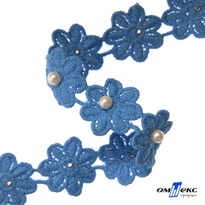 Тесьма вязанная "Цветок с бусиной" 187, шир. 29 мм/уп. 13,7+/-1 м, цвет голубой - купить в Оренбурге. Цена: 1 084.20 руб.